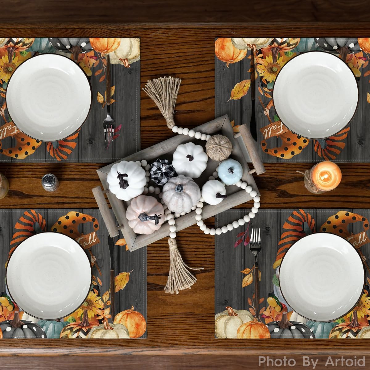 Artoid Mode Gnomes Pumpkins Fall Placemats Set of 4, 12x18 Inch Seasonal Autumn Thanksgiving Table Mats for Party Kitchen Dining Decoration