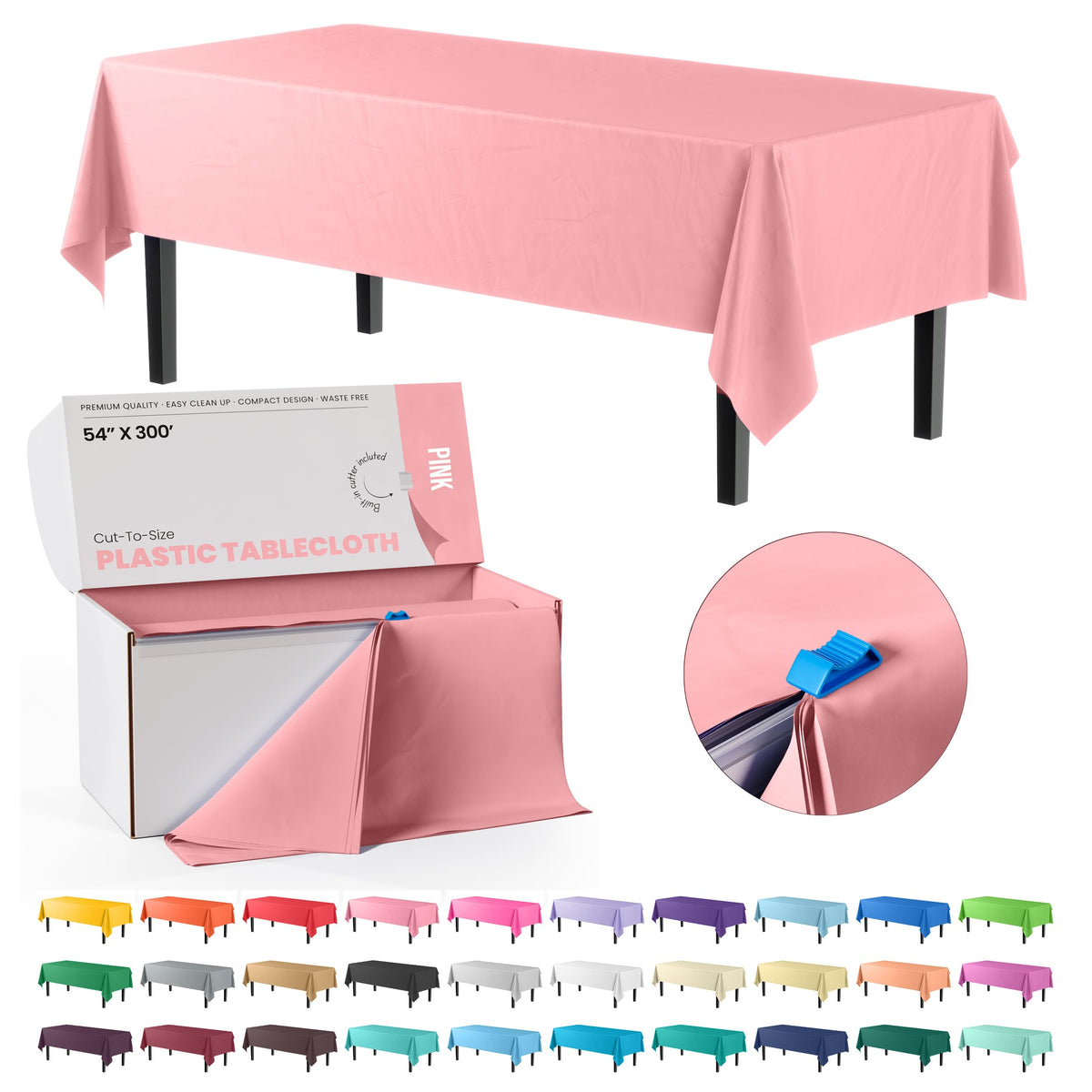 Party Solids 54 Inch X 300 Feet White Plastic Table Cover Roll in A Cut - to - Size Box with Convenient Slide Cutter. Cuts Up to 36 Rectangle 8 Feet Plastic Disposable Tablecloths
