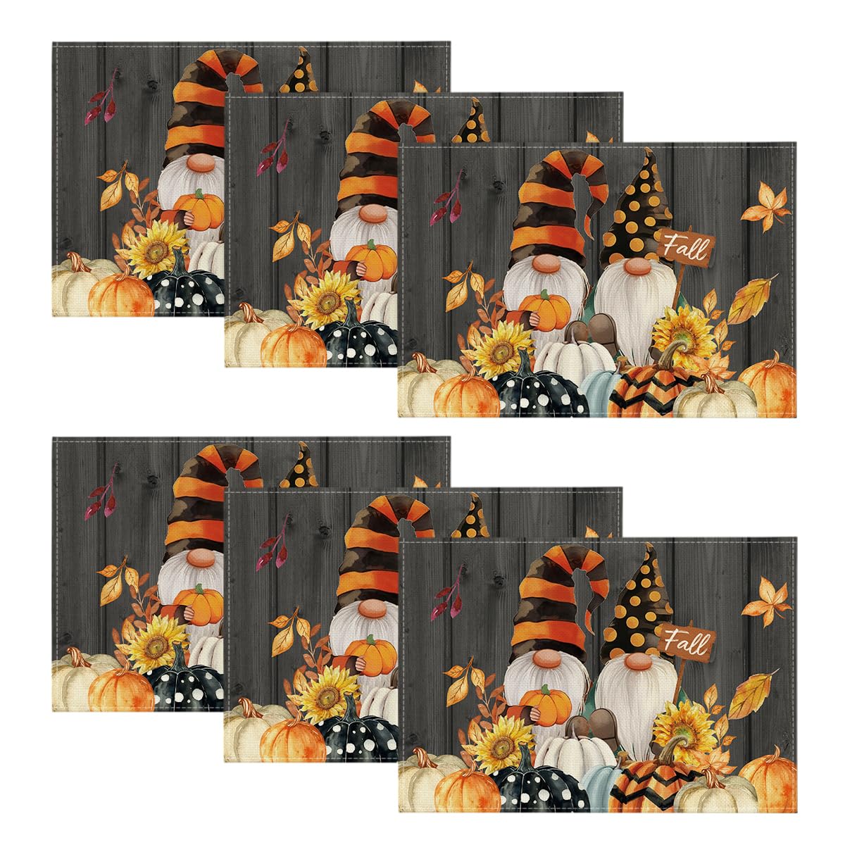 Artoid Mode Gnomes Pumpkins Fall Placemats Set of 4, 12x18 Inch Seasonal Autumn Thanksgiving Table Mats for Party Kitchen Dining Decoration
