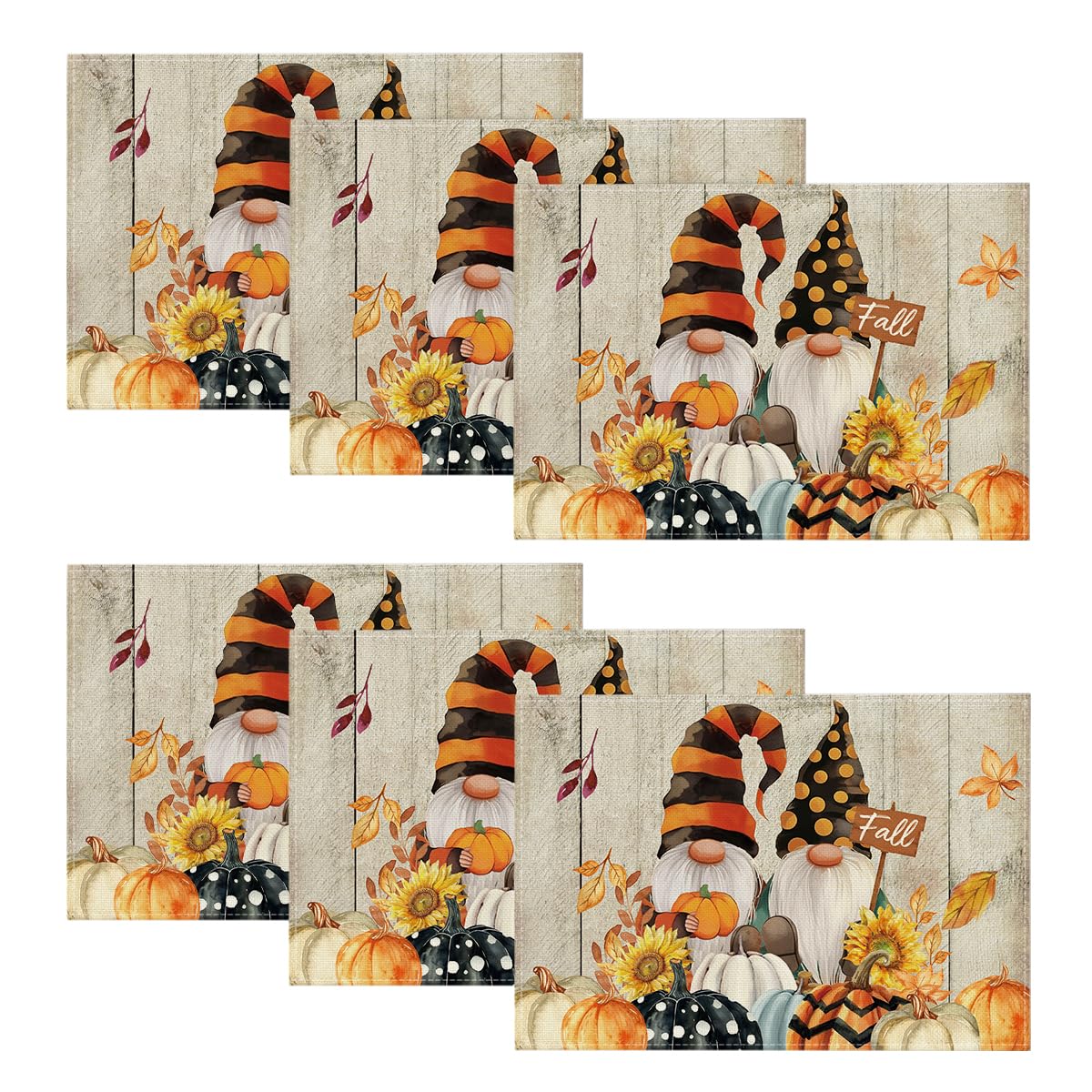 Artoid Mode Gnomes Pumpkins Fall Placemats Set of 4, 12x18 Inch Seasonal Autumn Thanksgiving Table Mats for Party Kitchen Dining Decoration