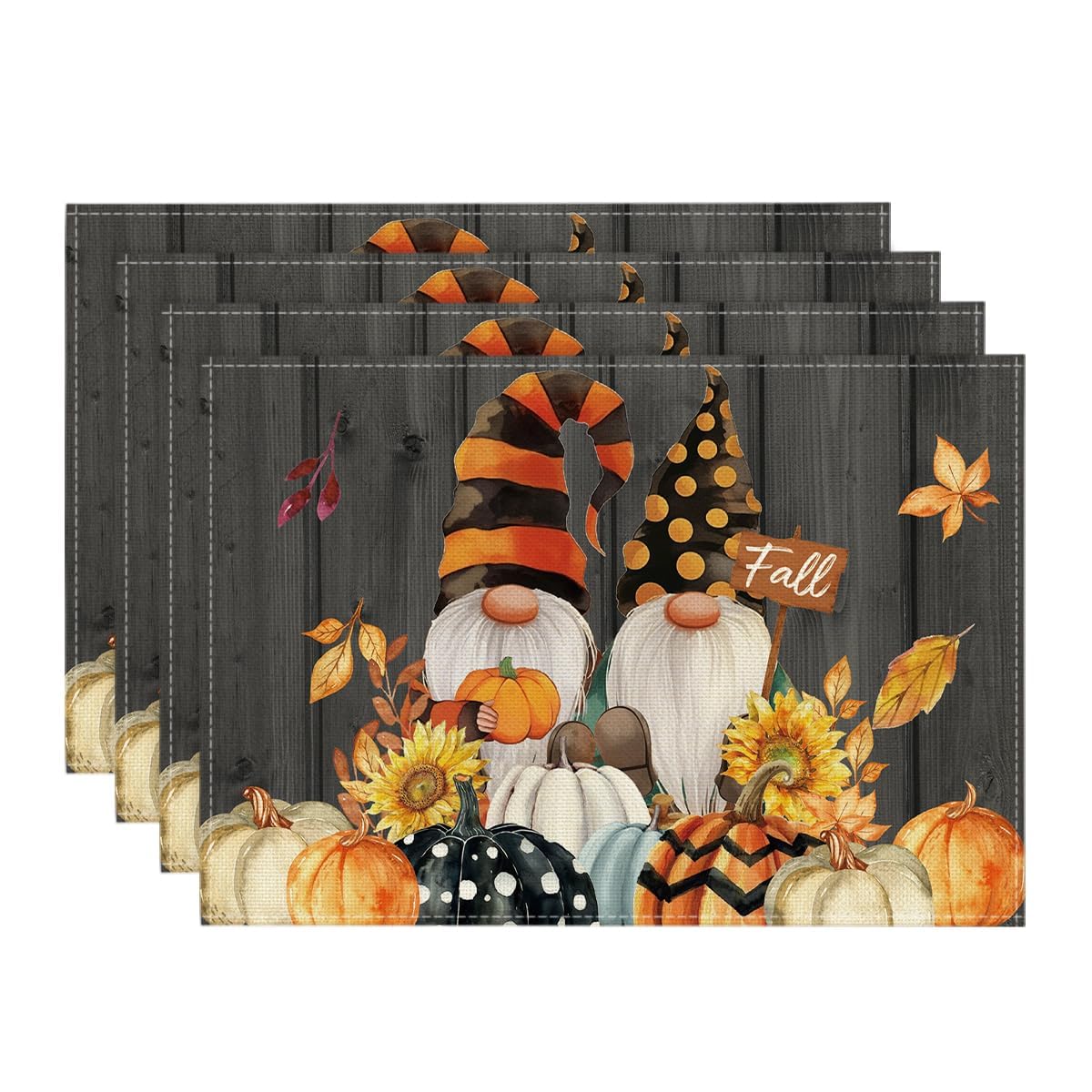 Artoid Mode Gnomes Pumpkins Fall Placemats Set of 4, 12x18 Inch Seasonal Autumn Thanksgiving Table Mats for Party Kitchen Dining Decoration