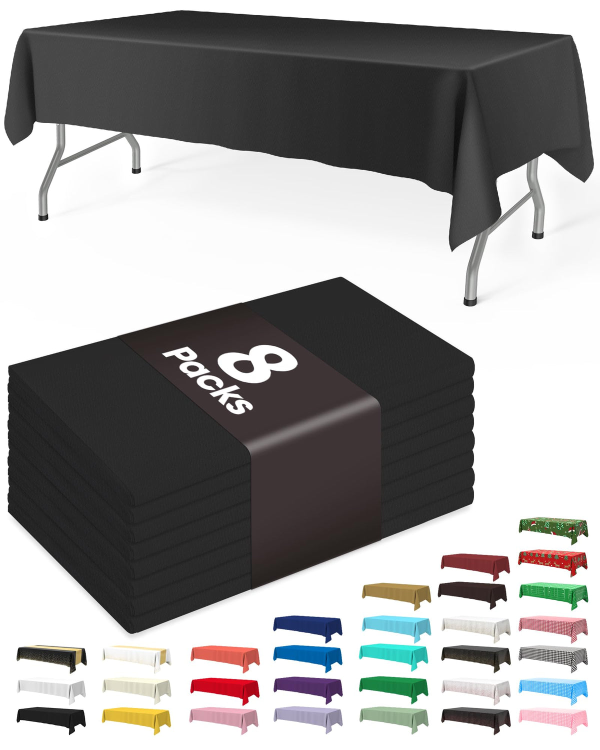 Pureegg Plastic Table Cloth Disposable 8 Pack, 54 x 108 Inch Table Cloths, Graduation Decorations Class of 2025, Graduation Party Tablecloths, Rectangle, Plastic Cover, Leakproof & Sturdy, Black