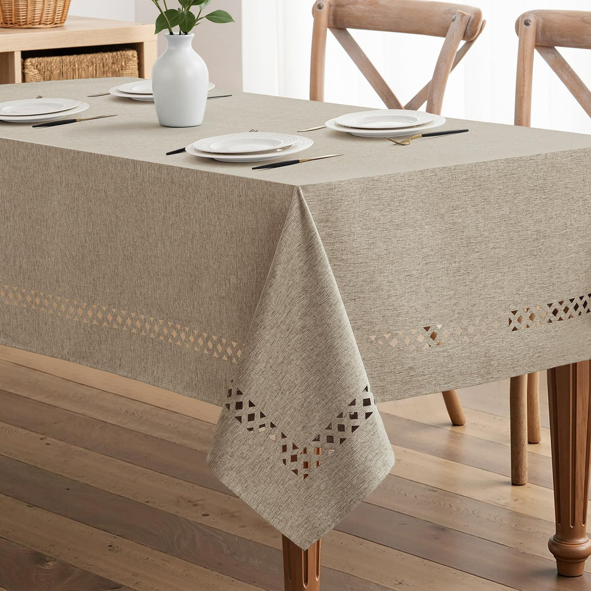 MIULEE Beige Rectangle Tablecloth with Decorative Cutouts 60x104 inch