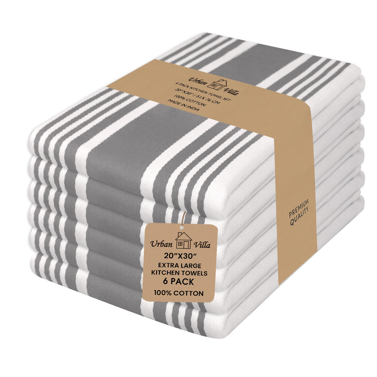 Urban Villa Kitchen Towels 100% Cotton Dish Towels for Kitchen (Set of 6) 20”x30” Dish Cloths Highly Absorbent Kitchen Linen Set with Hanging Loop Perfect for Drying Dishes Cleaning Towels-Blue White