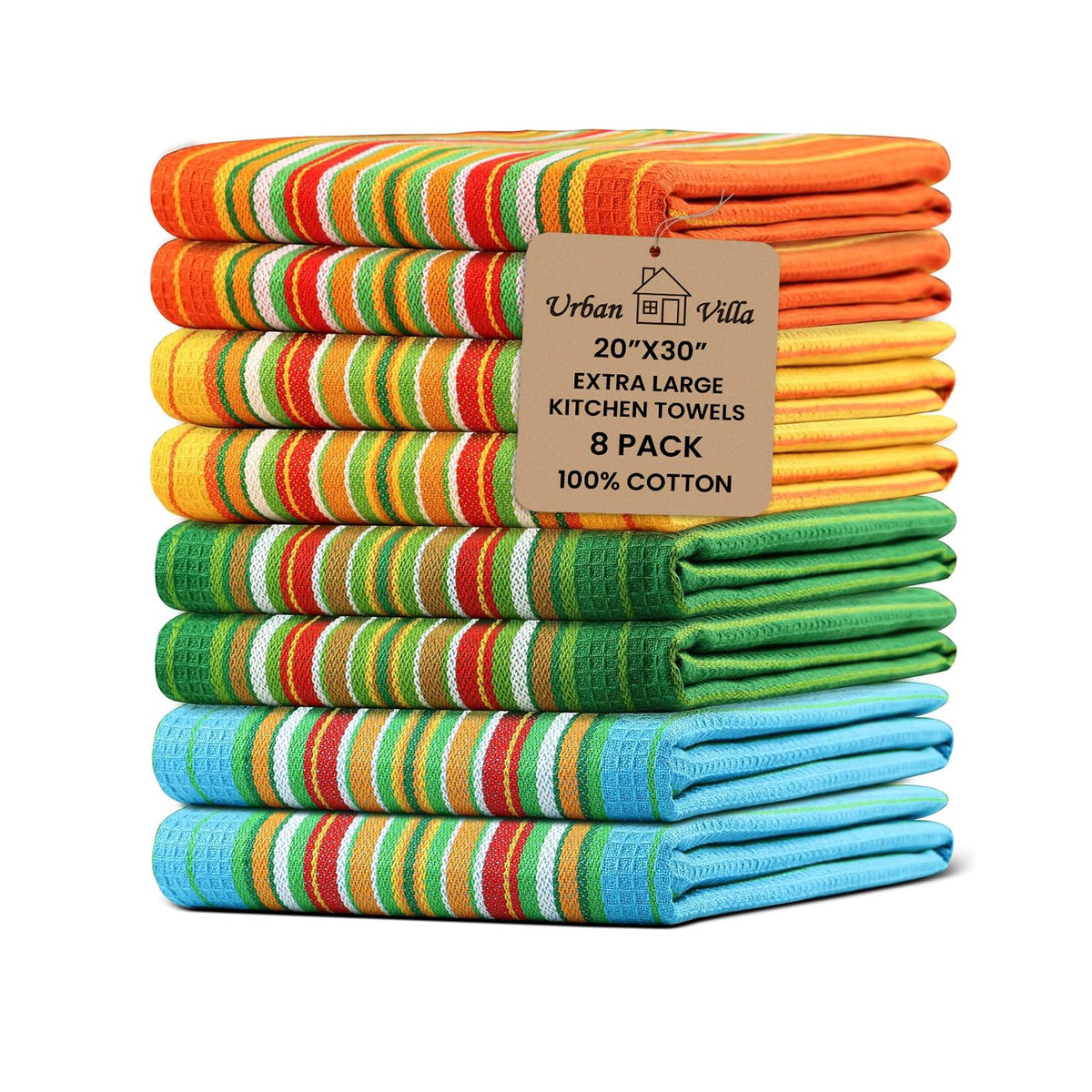 Urban Villa Kitchen Towels 100% Cotton Dish Towels for Kitchen (Set of 6) 20”x30” Dish Cloths Highly Absorbent Kitchen Linen Set with Hanging Loop Perfect for Drying Dishes Cleaning Towels-Blue White