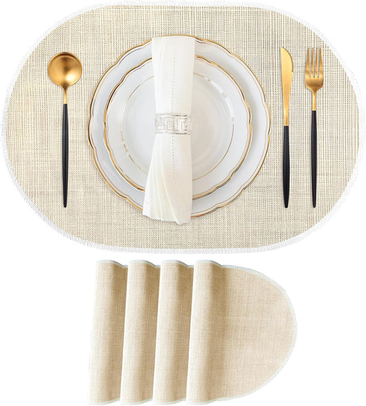 Beige Placemats Set of 4, 12x18 Inch Oval Washable Place Mats Easy to Clean Heat Resistant Table Mats, Wipeable Place Mats for Kitchen, Dining Room（Beige, 4）