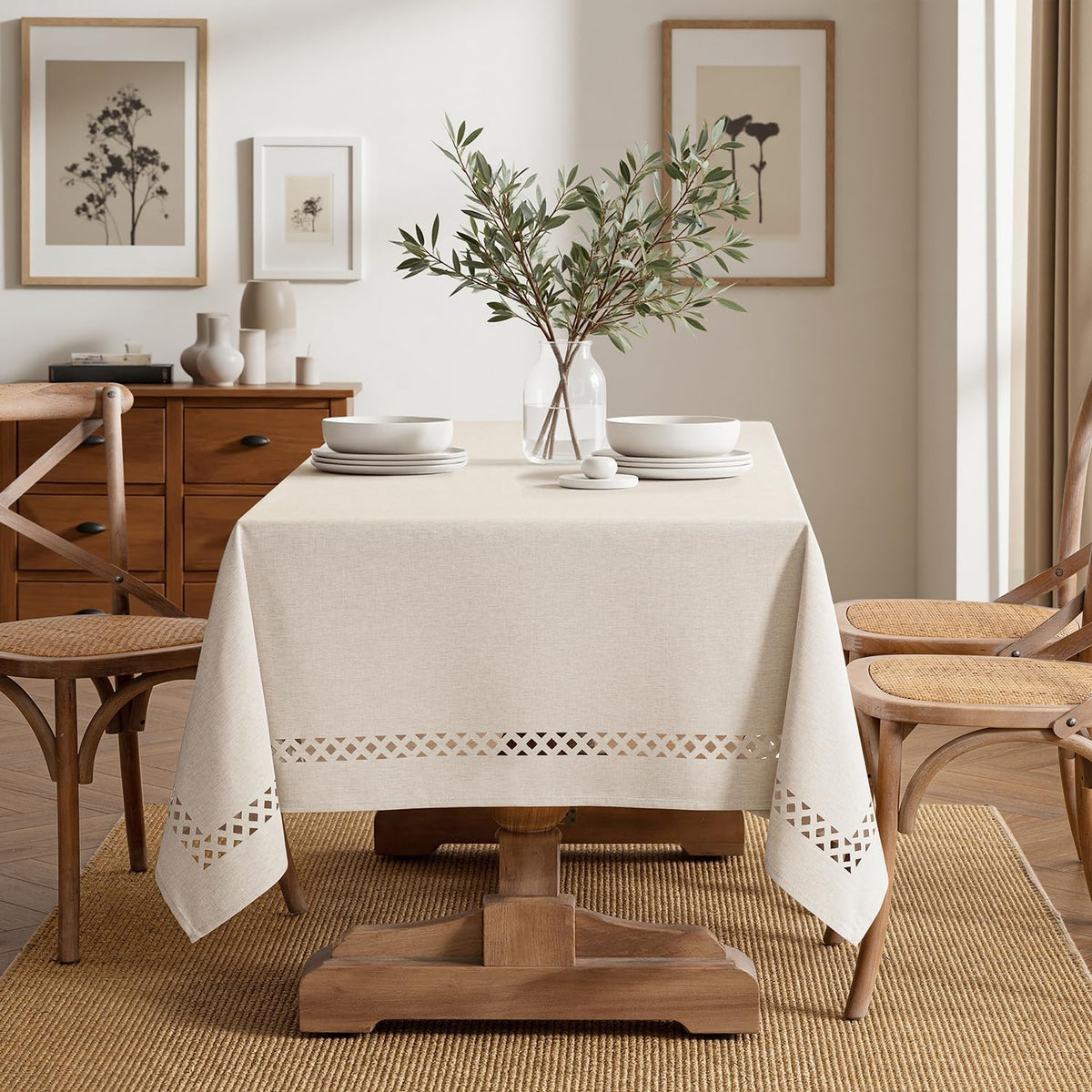 MIULEE Beige Rectangle Tablecloth with Decorative Cutouts 60x104 inch