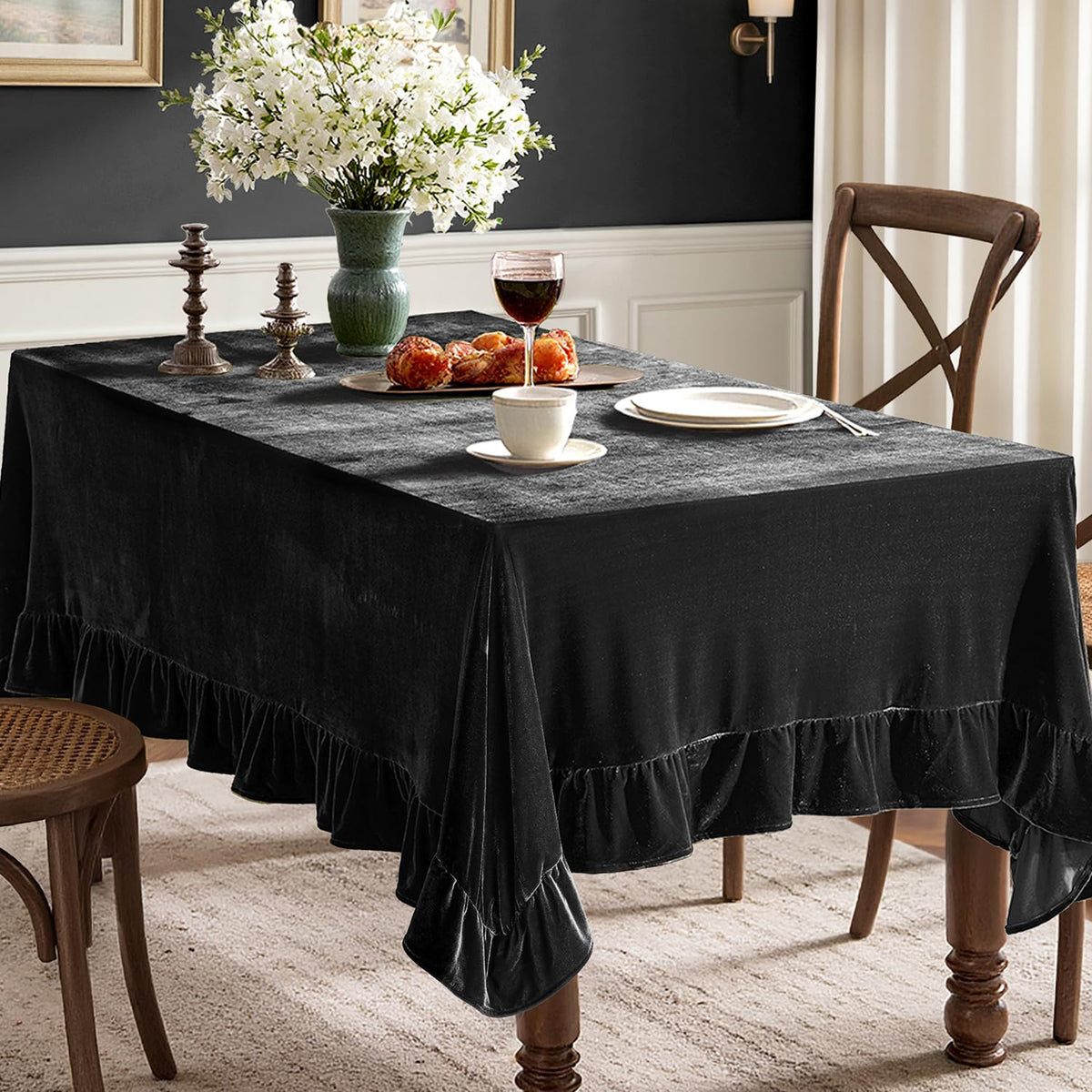 MIULEE Velvet Tablecloth with Decorative Ruffle 60x120 Inch Beige