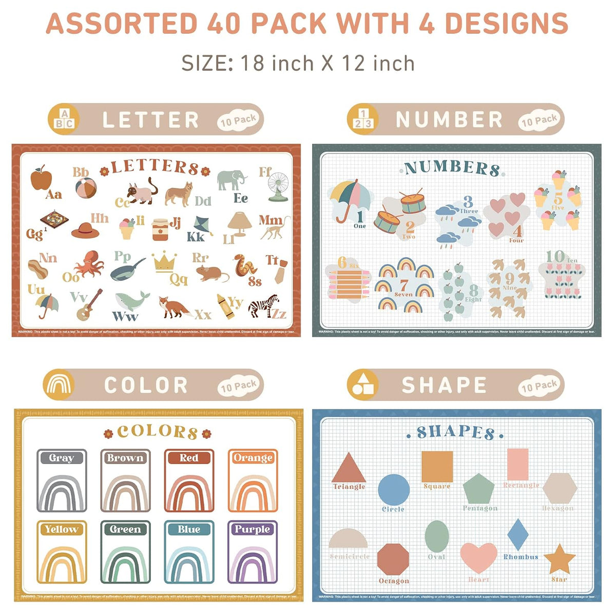 Babebay Disposable Stick-On Placemats for Baby, 40 Pack,4 Designs