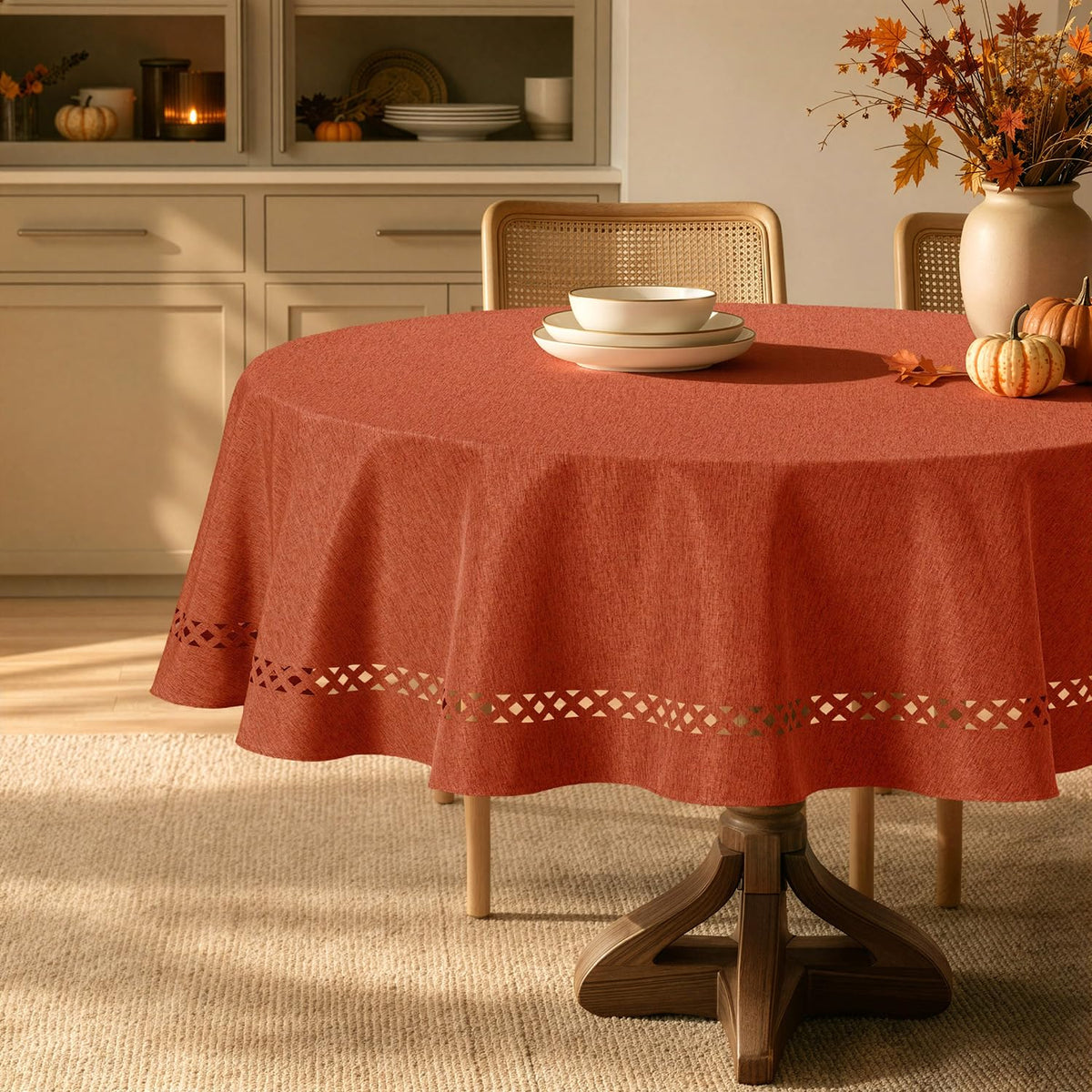 MIULEE Beige Rectangle Tablecloth with Decorative Cutouts 60x104 inch