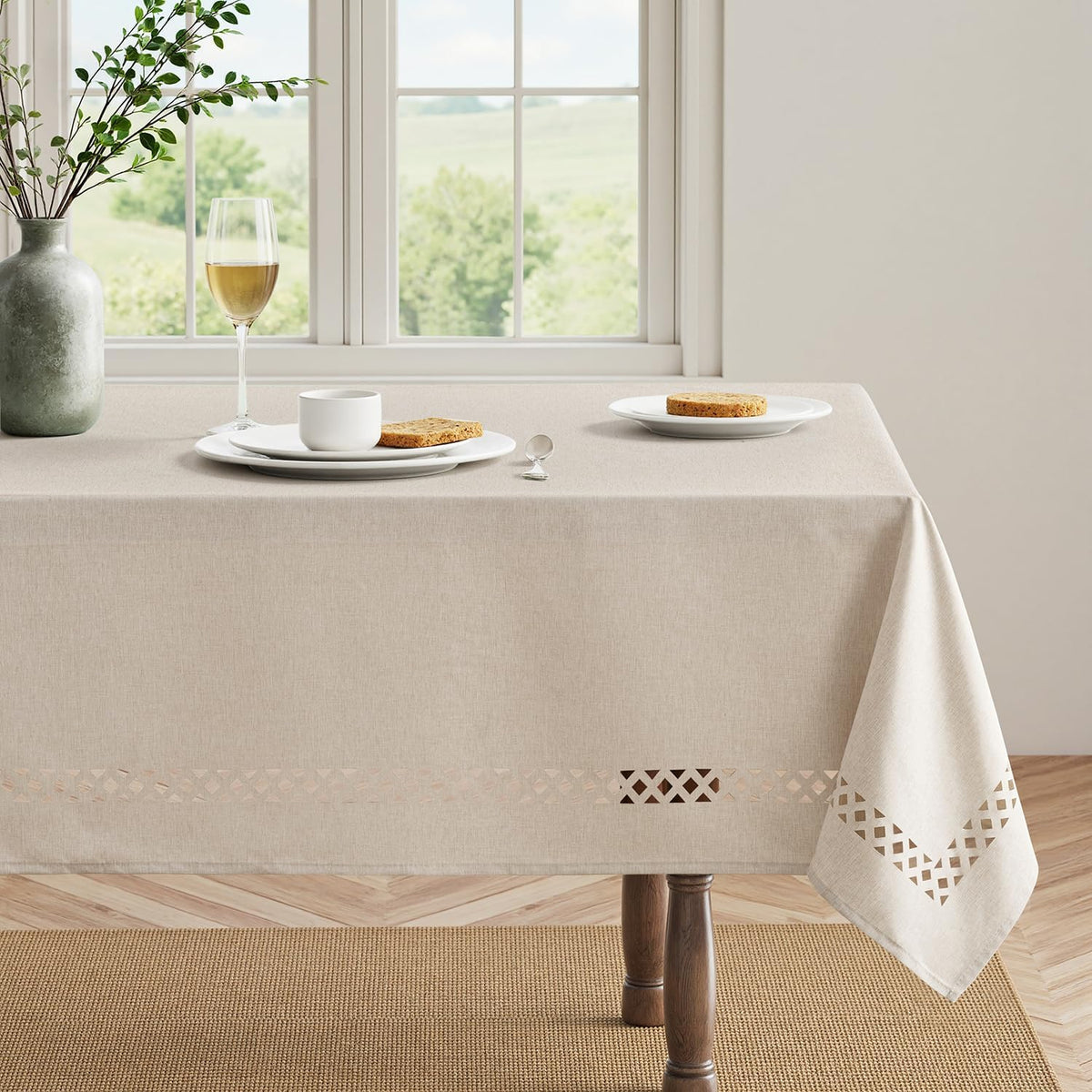 MIULEE Beige Rectangle Tablecloth with Decorative Cutouts 60x104 inch