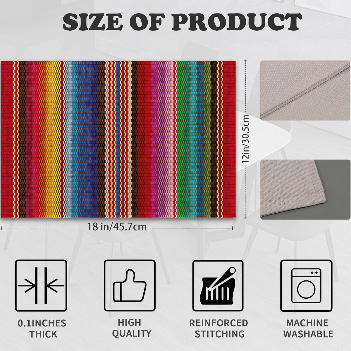 Mexican Placemats for Dining Table Set of 6,Ethnic Stripes Rainbow Place Mats for Home Party Kitchen Indoor Holiday Rustic Washable Heat Resistant Table Mats 12 x 18 Inch