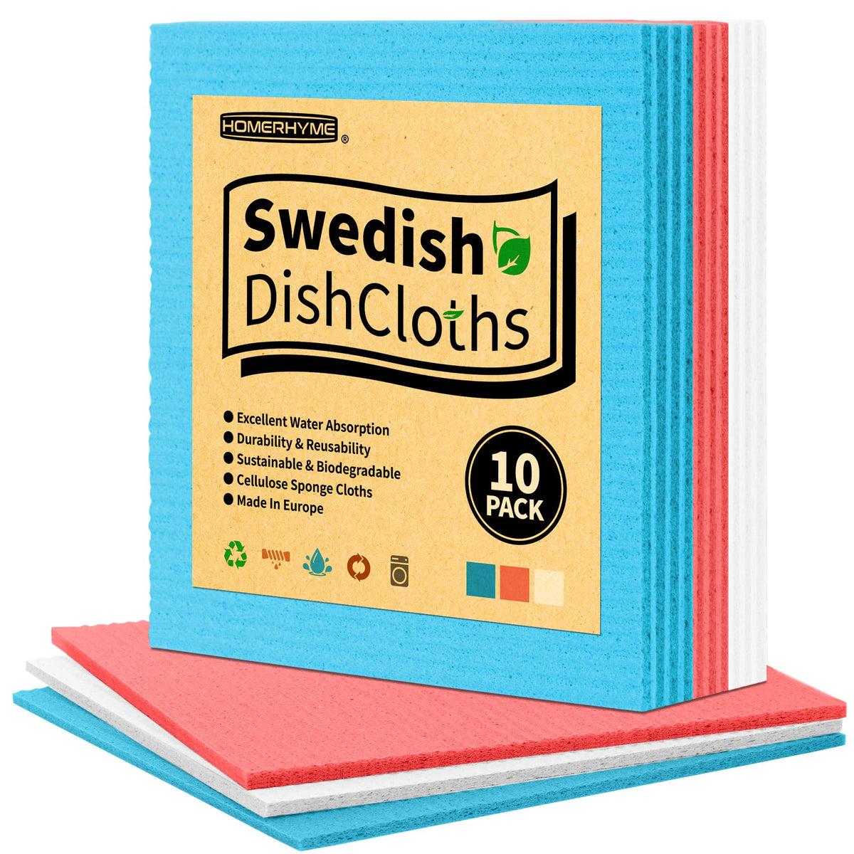 Swedish Dishcloths, 10 Pack Absorbent Dish Towels for Kitchen, Multipurpose Cellulose Sponge Cloths, Reusable Washable Towels for Home & Kitchen, Grey