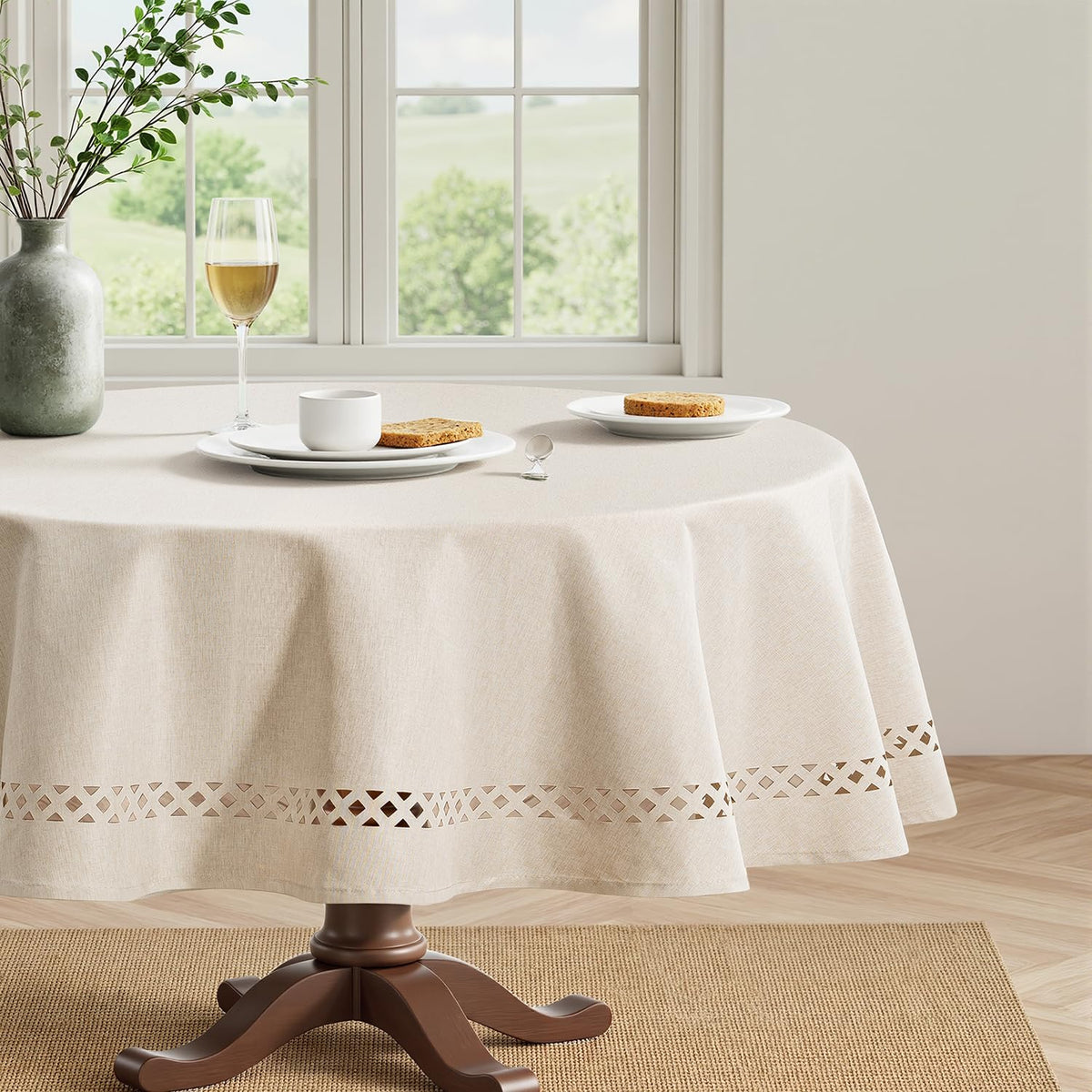 MIULEE Beige Rectangle Tablecloth with Decorative Cutouts 60x104 inch