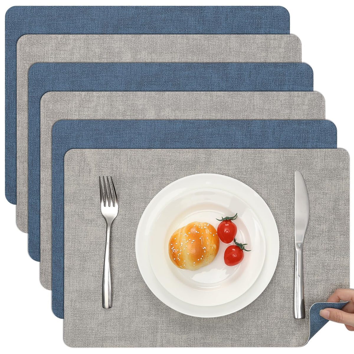 Myir JUN Faux Leather Placemats Set of 6, Reversible Dual-Color Place Mats