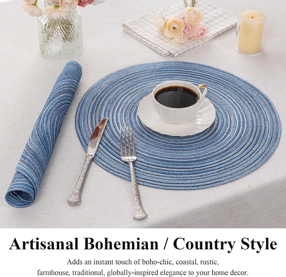 SHACOS Round Braided Placemats Set of 4 Dining Table Placemats 15 inch Circle Place Mats Easy to Clean Table Mats Indoor Outdoor, Blue Gray