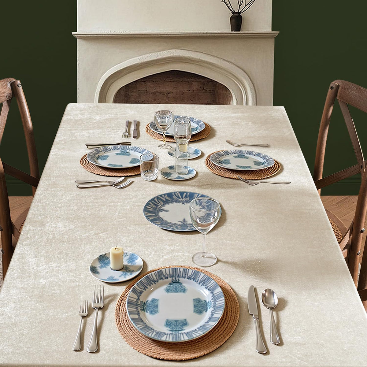 MIULEE Velvet Tablecloth with Decorative Ruffle 60x120 Inch Beige