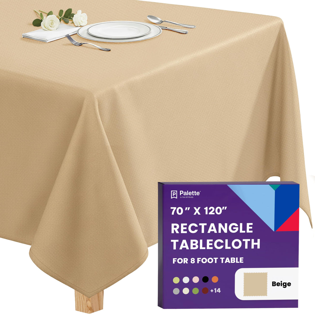 Gee Di Moda Rectangle Tablecloth - 90 x 132 Inch Beige Table Cloth for 6 Foot Tables with Floor-Length Drop - Heavy Duty Washable Fabric for Holiday Party, Dinner, Weddings & Baby Shower