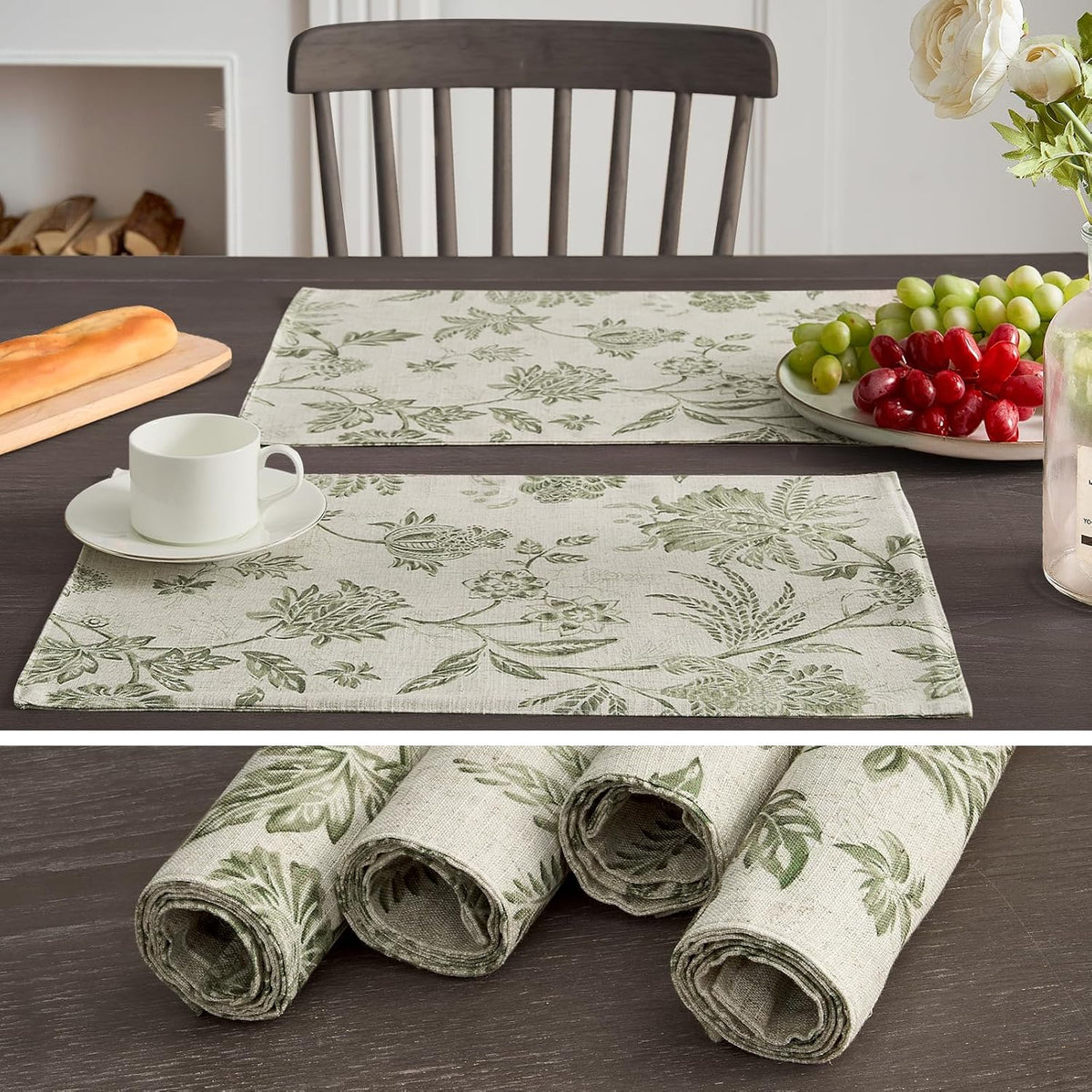 JINCHAN Sliva Linen Floral Placemats Set of 4 Farmhouse 13x19 Sage Green