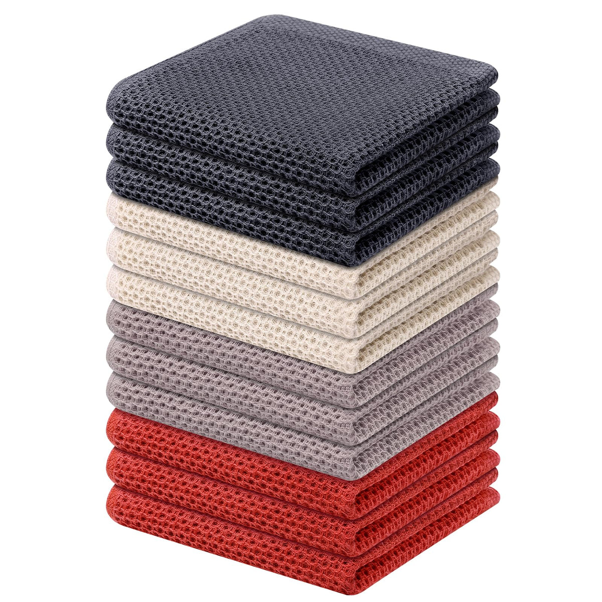 Kitinjoy 100% Cotton Waffle 6-Pack Kitchen Towels, 12" x 12", Dark Grey