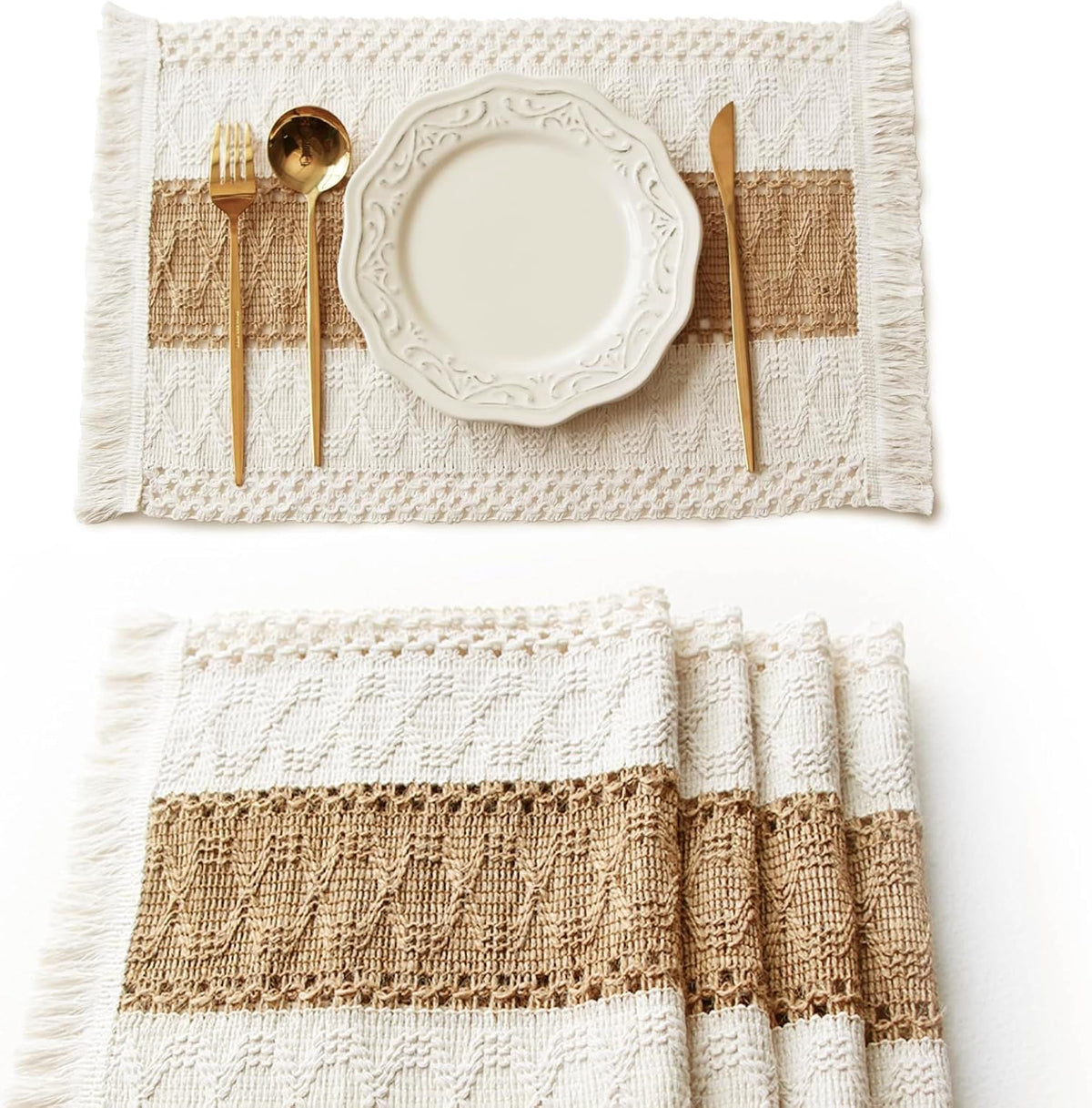 FEXIA Boho Placemats Set of 6, Macrame Table Mats Farmhouse Dining Decor