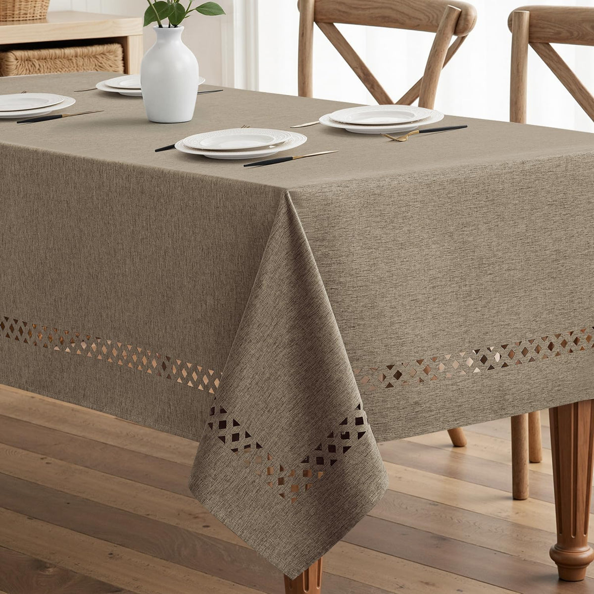 MIULEE Beige Rectangle Tablecloth with Decorative Cutouts 60x104 inch