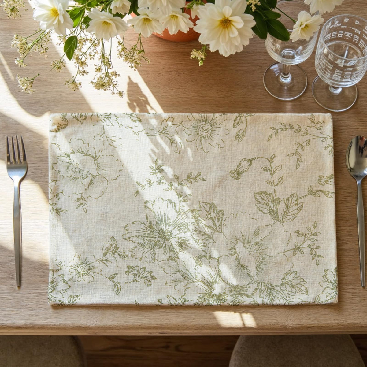 JINCHAN Sliva Linen Floral Placemats Set of 4 Farmhouse 13x19 Sage Green