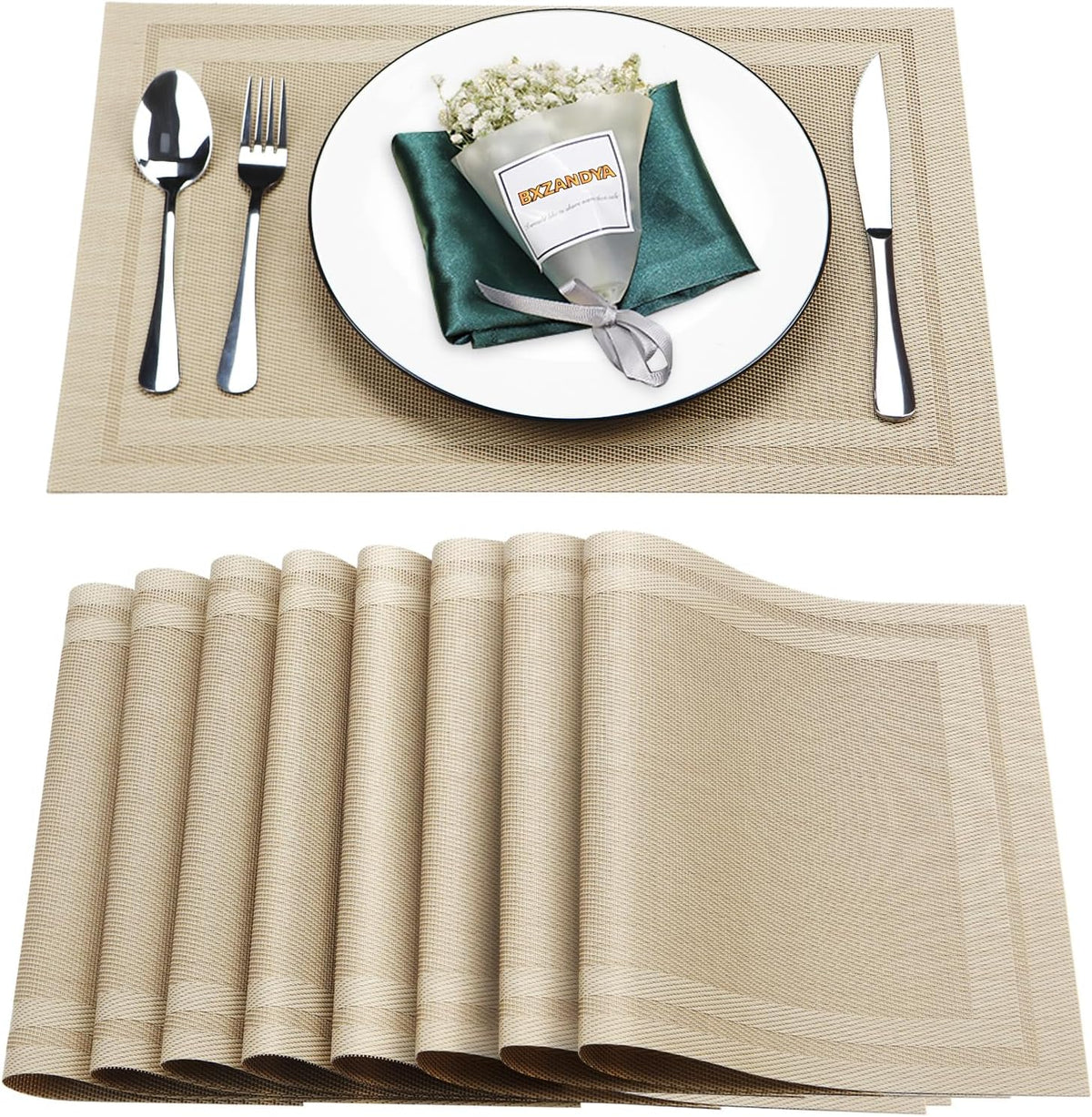 Beige Vinyl Placemats Set of 8,Washable Dining PVC Table Mats