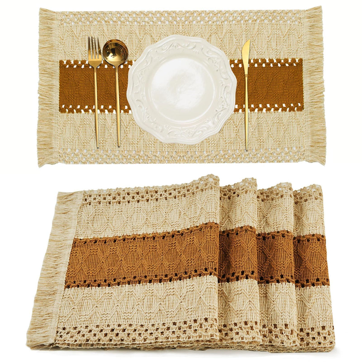 FEXIA Boho Placemats Set of 6, Macrame Table Mats Farmhouse Dining Decor