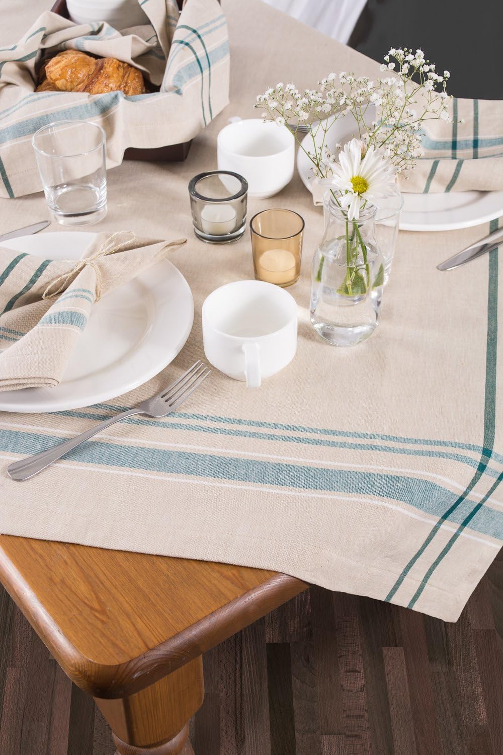 DII French Stripe Tabletop Collection Farmhouse Style Dining Table Linen Tablecloth, 60x84, Taupe/Teal