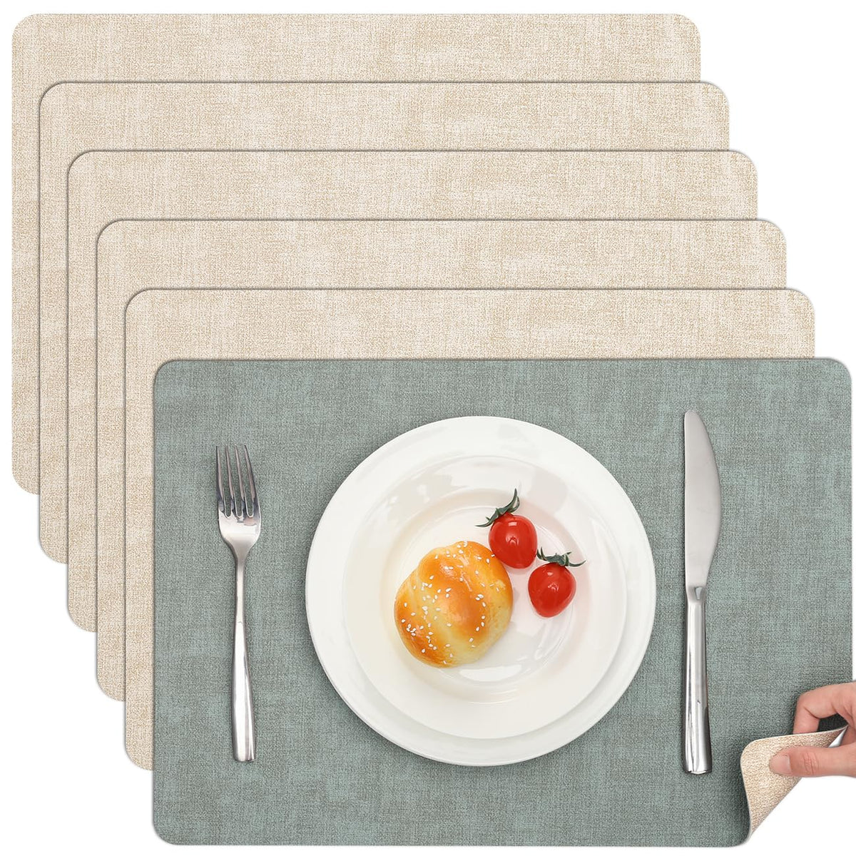 Myir JUN Faux Leather Placemats Set of 6, Reversible Dual-Color Place Mats