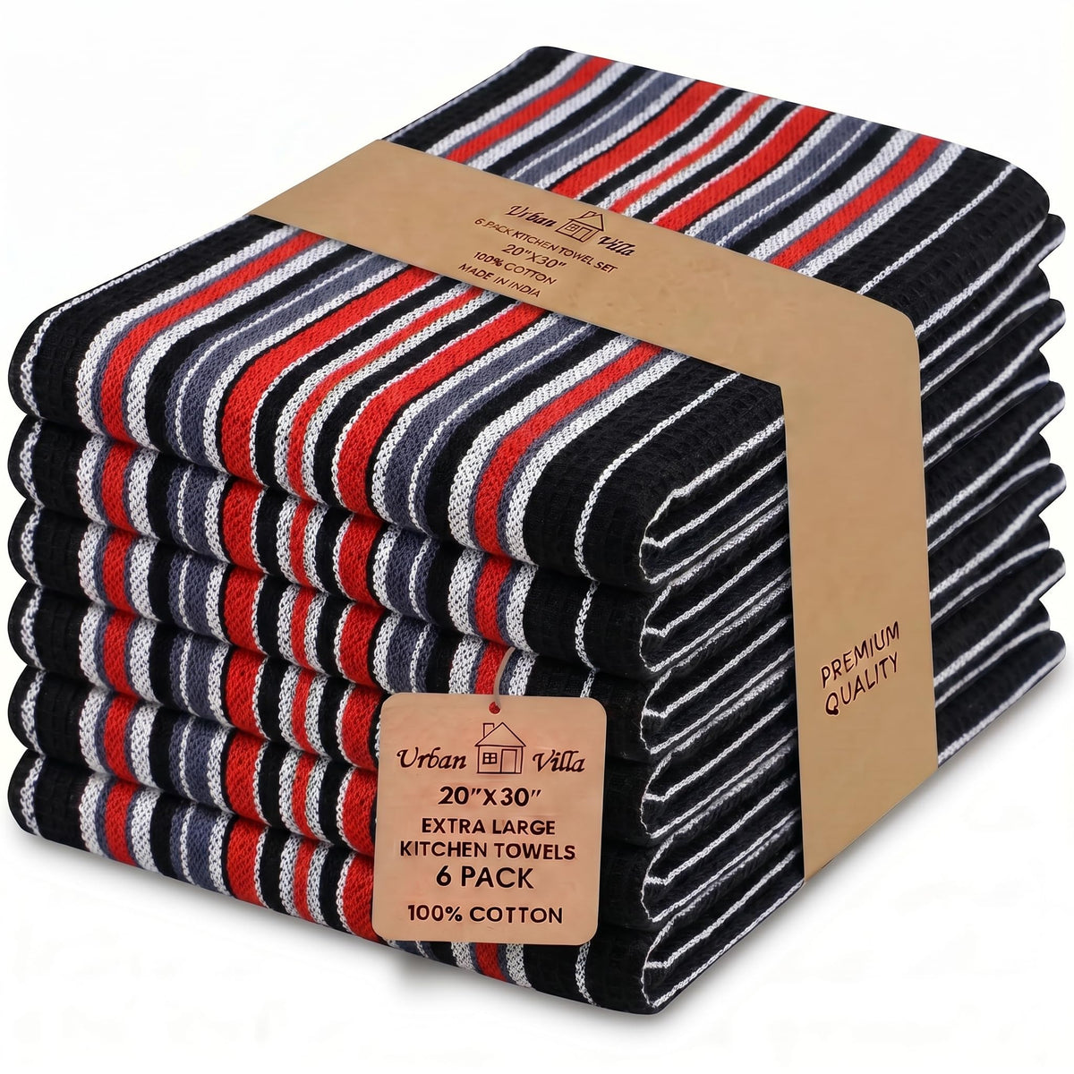 Urban Villa Kitchen Towels 100% Cotton Dish Towels for Kitchen (Set of 6) 20”x30” Dish Cloths Highly Absorbent Kitchen Linen Set with Hanging Loop Perfect for Drying Dishes Cleaning Towels-Blue White