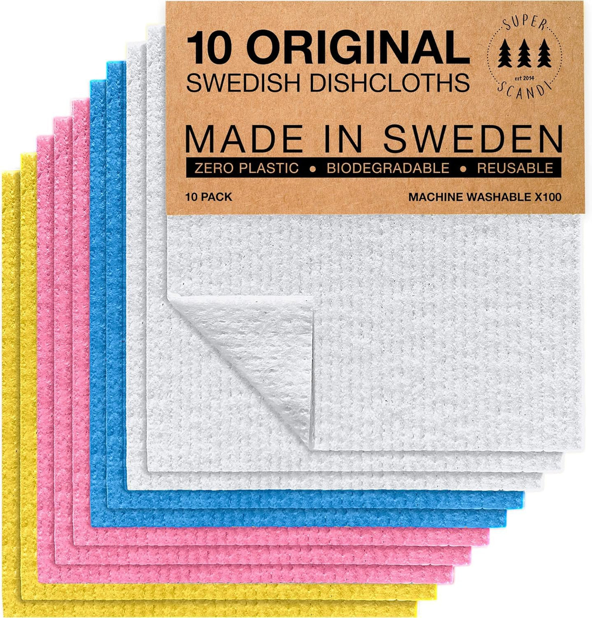 SUPERSCANDI 10 Pack Swedish Dishcloths for Kitchen - 100% Biodegradable & Compostable Reusable Paper Towels Washable, Food-Safe & Without Plastic - Dish Rags Suitable for Any Surface, Grey