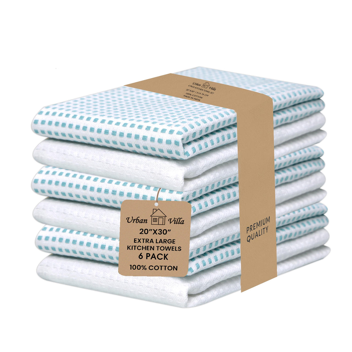 Urban Villa Kitchen Towels 100% Cotton Dish Towels for Kitchen (Set of 6) 20”x30” Dish Cloths Highly Absorbent Kitchen Linen Set with Hanging Loop Perfect for Drying Dishes Cleaning Towels-Blue White
