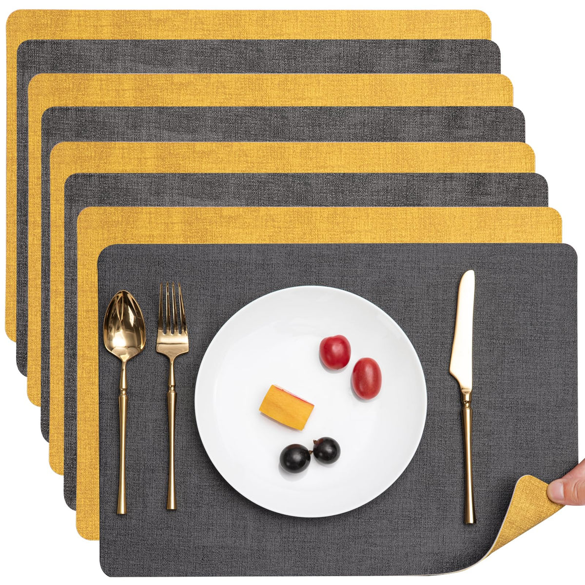 Myir JUN Faux Leather Placemats Set of 6, Reversible Dual-Color Place Mats