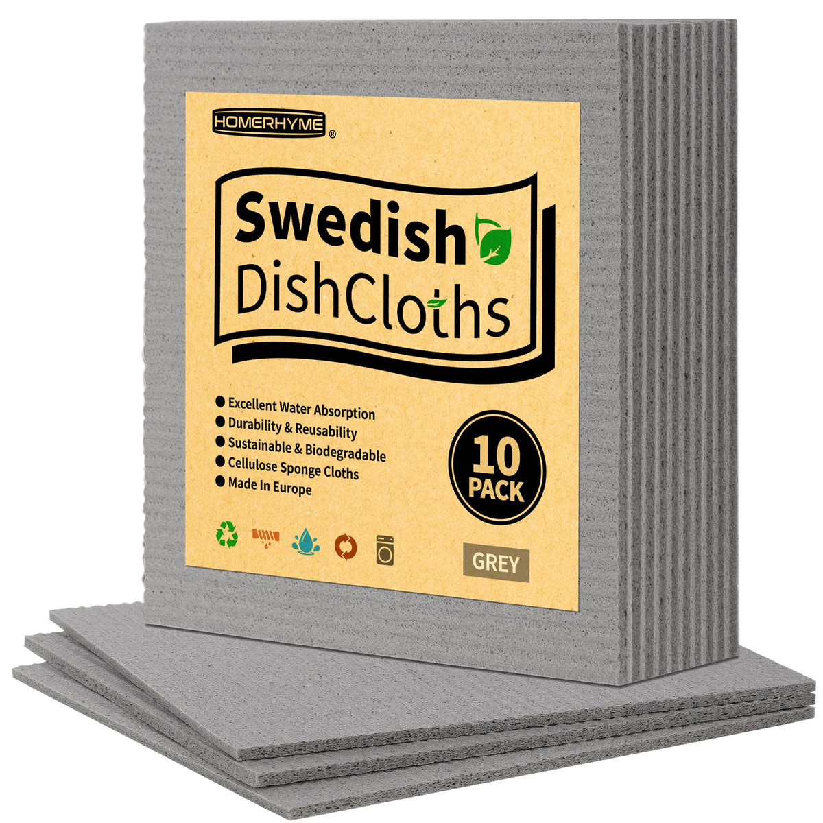 Swedish Dishcloths, 10 Pack Absorbent Dish Towels for Kitchen, Multipurpose Cellulose Sponge Cloths, Reusable Washable Towels for Home & Kitchen, Grey