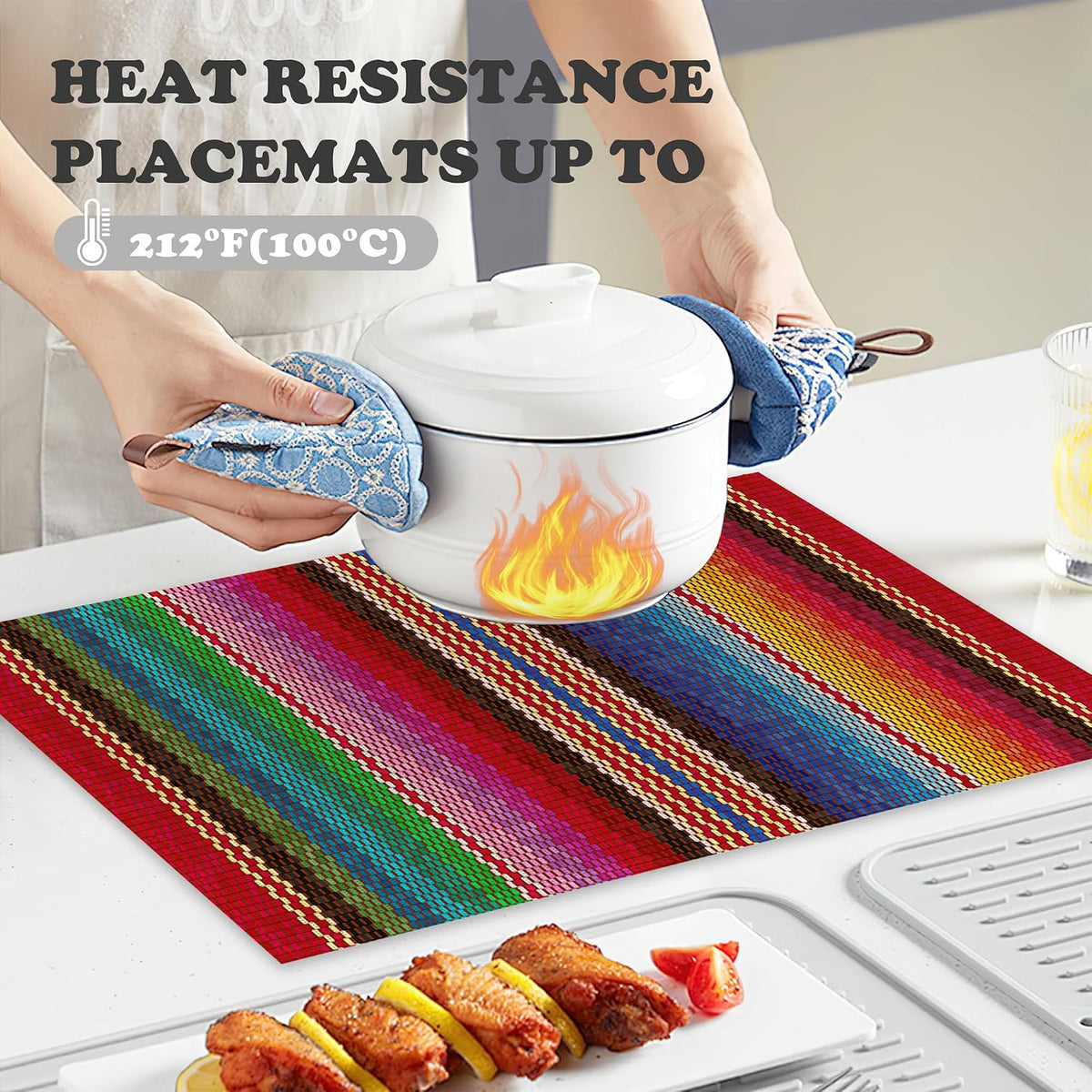 Mexican Placemats for Dining Table Set of 6,Ethnic Stripes Rainbow Place Mats for Home Party Kitchen Indoor Holiday Rustic Washable Heat Resistant Table Mats 12 x 18 Inch