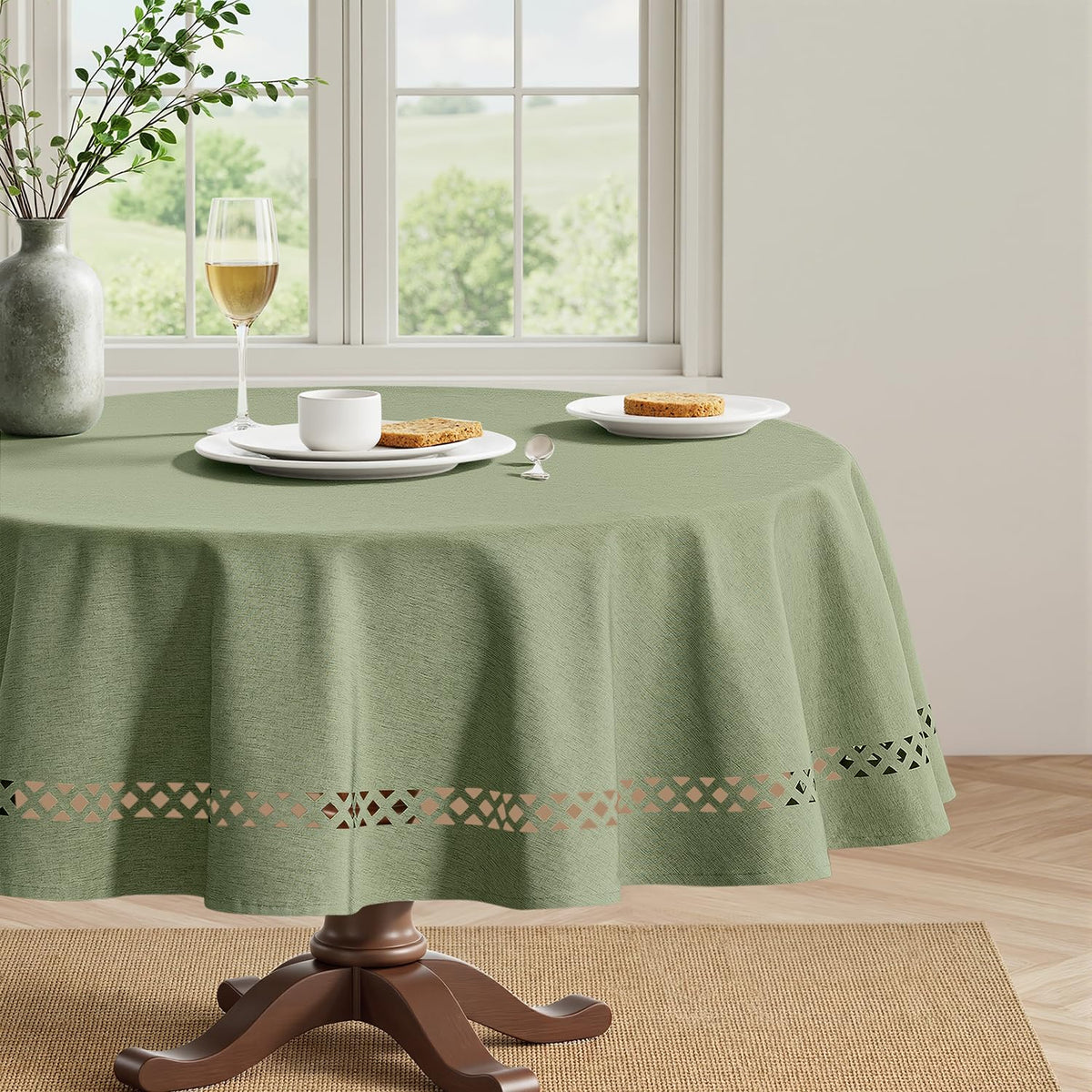 MIULEE Beige Rectangle Tablecloth with Decorative Cutouts 60x104 inch