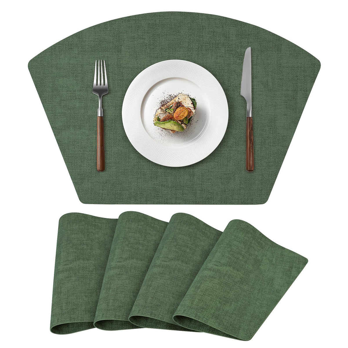 Round Table Placemats Set of 4, Faux Leather Wedge Place Mats, Green