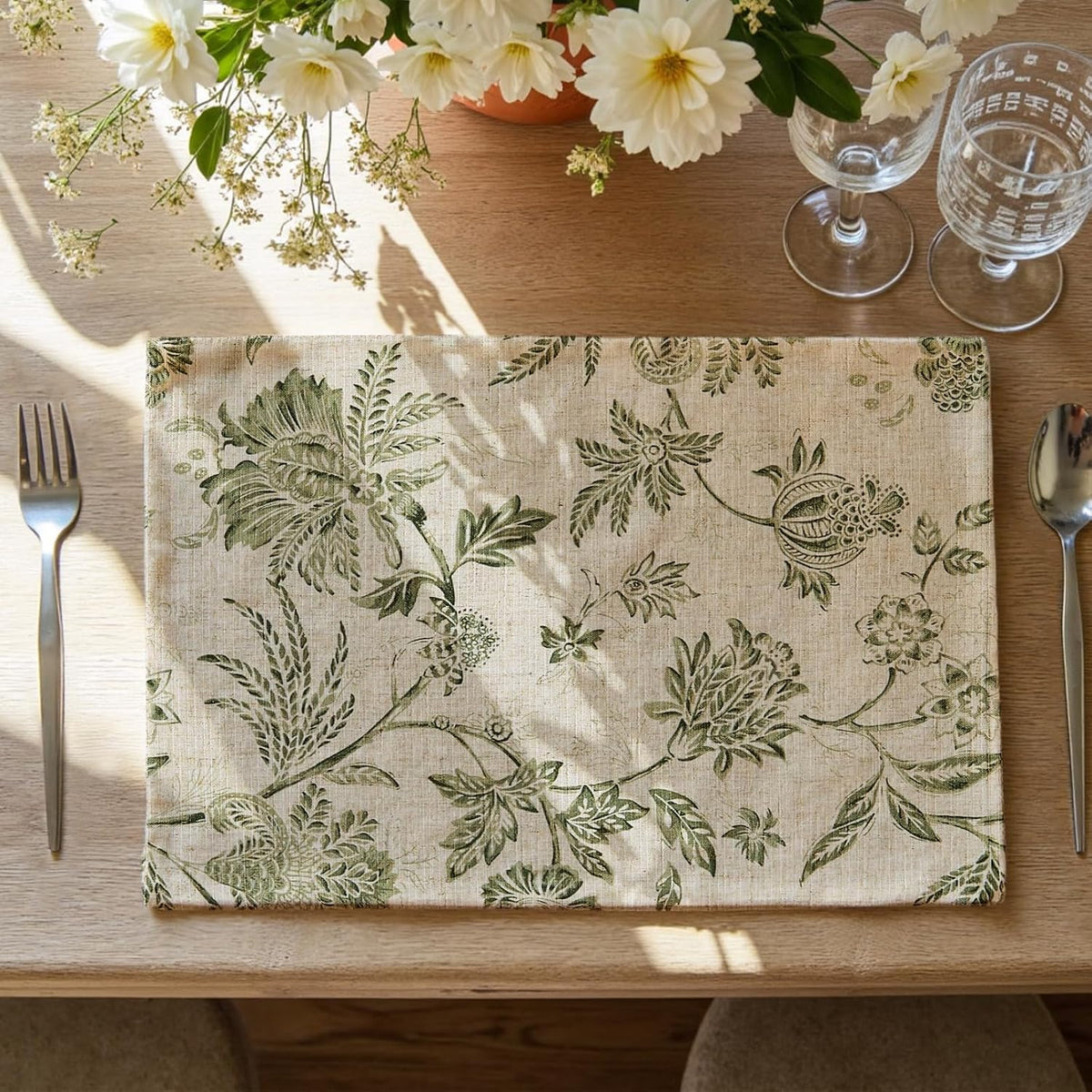 JINCHAN Sliva Linen Floral Placemats Set of 4 Farmhouse 13x19 Sage Green