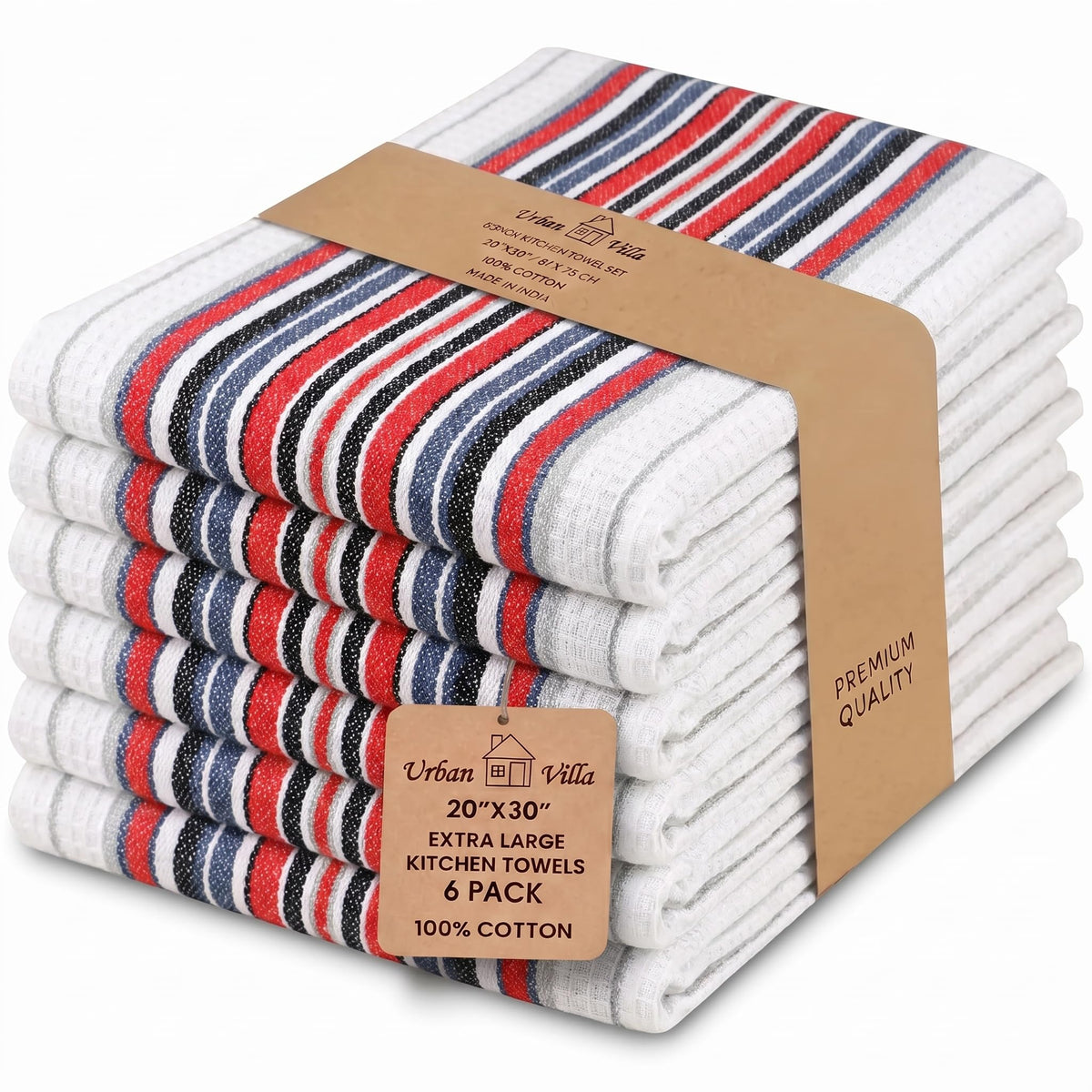 Urban Villa Kitchen Towels 100% Cotton Dish Towels for Kitchen (Set of 6) 20”x30” Dish Cloths Highly Absorbent Kitchen Linen Set with Hanging Loop Perfect for Drying Dishes Cleaning Towels-Blue White