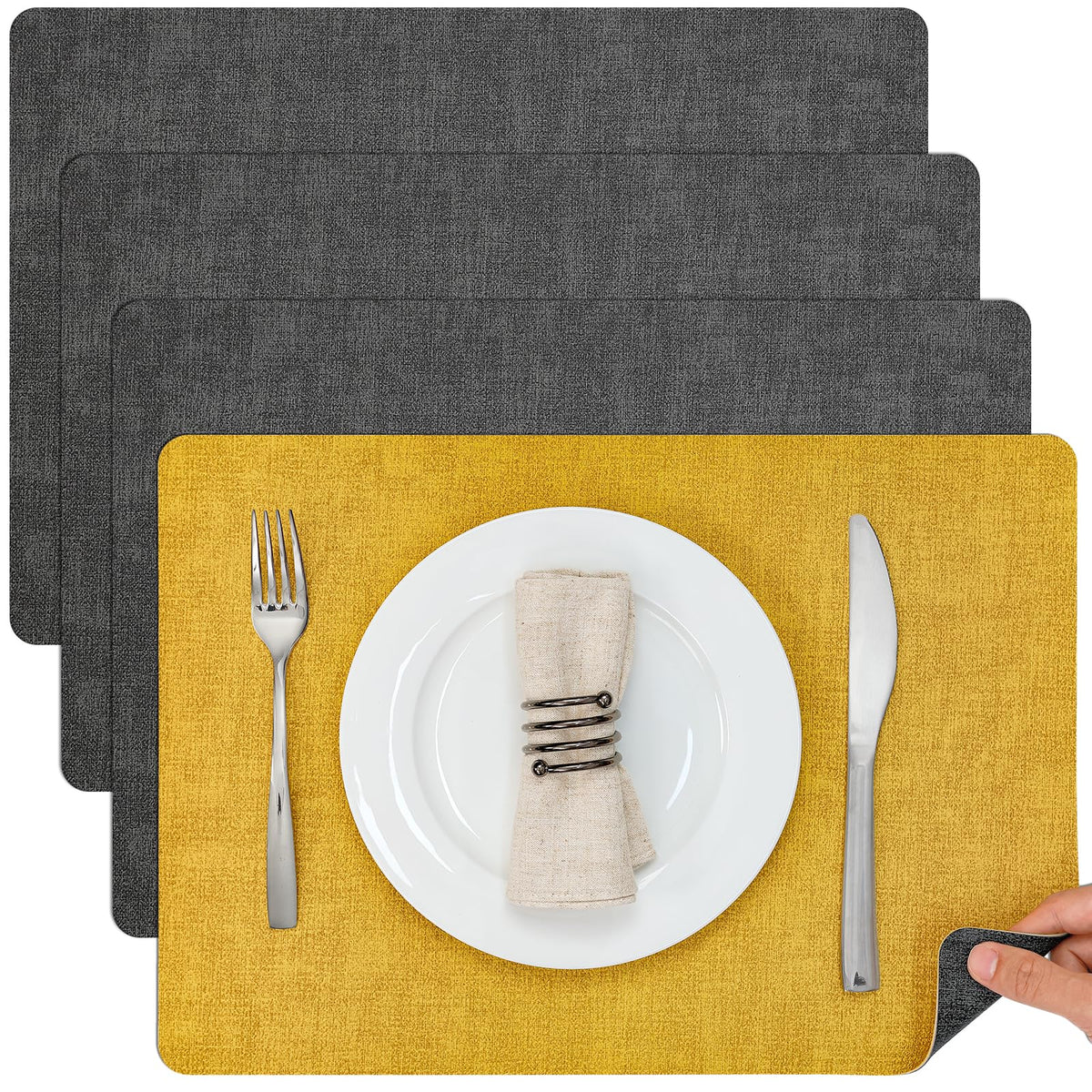 Myir JUN Faux Leather Placemats Set of 6, Reversible Dual-Color Place Mats