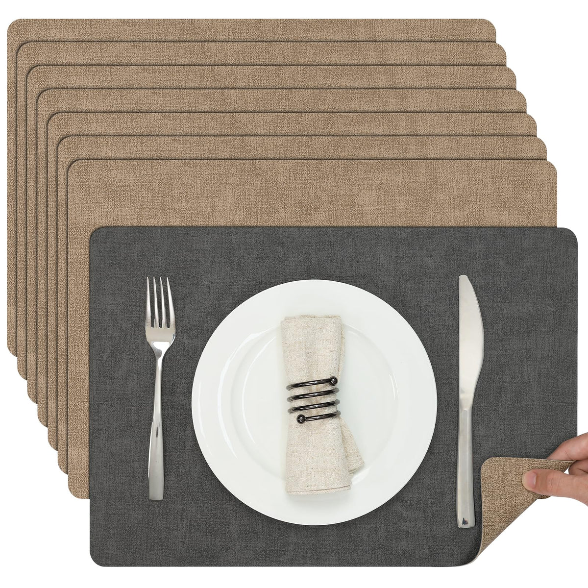 Myir JUN Faux Leather Placemats Set of 6, Reversible Dual-Color Place Mats