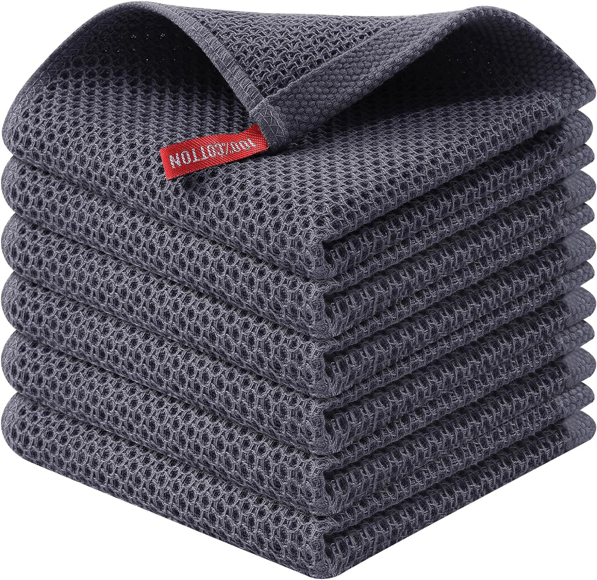 Kitinjoy 100% Cotton Waffle 6-Pack Kitchen Towels, 12" x 12", Dark Grey