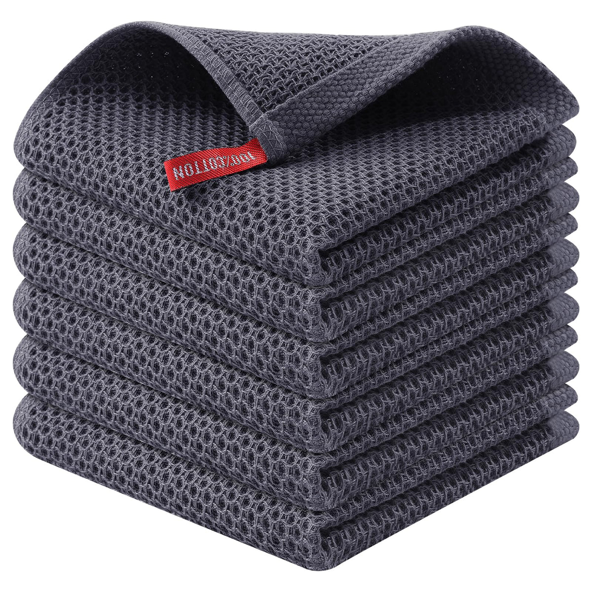 Kitinjoy 100% Cotton Waffle 6-Pack Kitchen Towels, 12" x 12", Dark Grey
