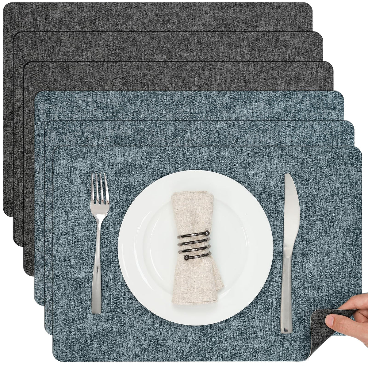 Myir JUN Faux Leather Placemats Set of 6, Reversible Dual-Color Place Mats