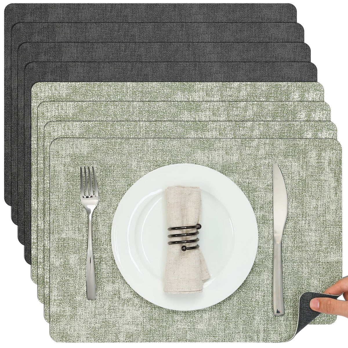 Myir JUN Faux Leather Placemats Set of 6, Reversible Dual-Color Place Mats