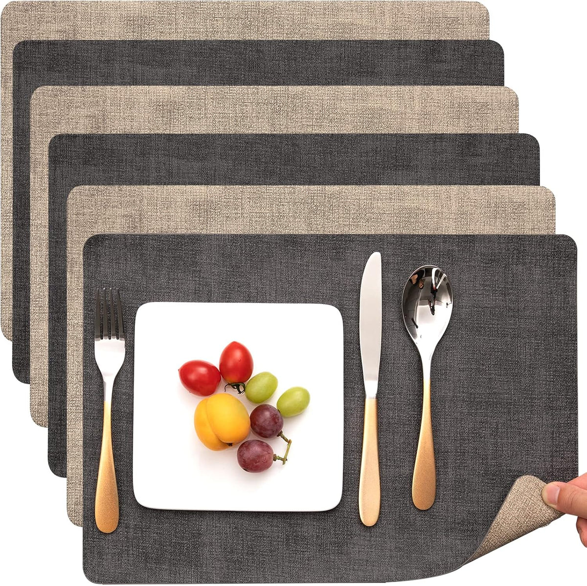 Myir JUN Faux Leather Placemats Set of 6, Reversible Dual-Color Place Mats