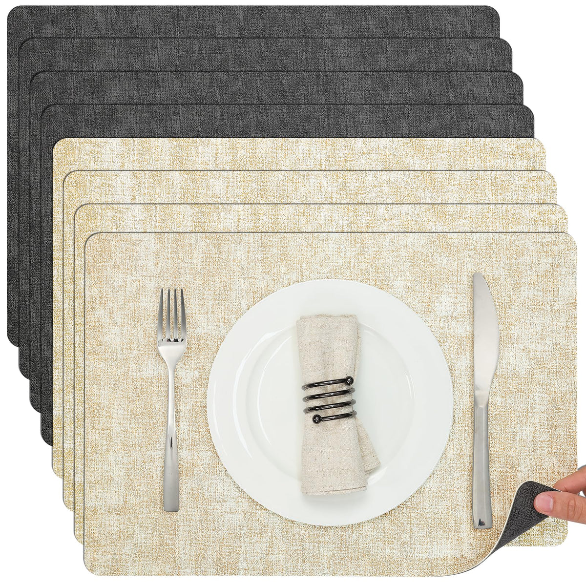 Myir JUN Faux Leather Placemats Set of 6, Reversible Dual-Color Place Mats