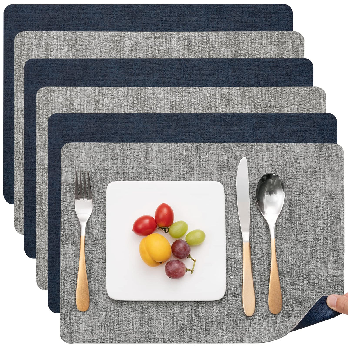 Myir JUN Faux Leather Placemats Set of 6, Reversible Dual-Color Place Mats